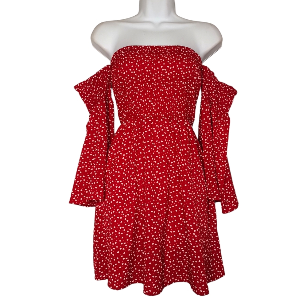 SHEIN White Heart Polka Dot Print Smocked Off Shoulder Flare Sleeve A Line Dress